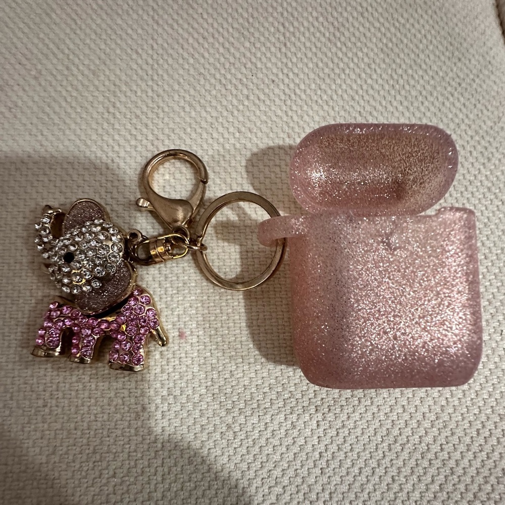 Pink Glitter AirPods Case with Elephant Keychain